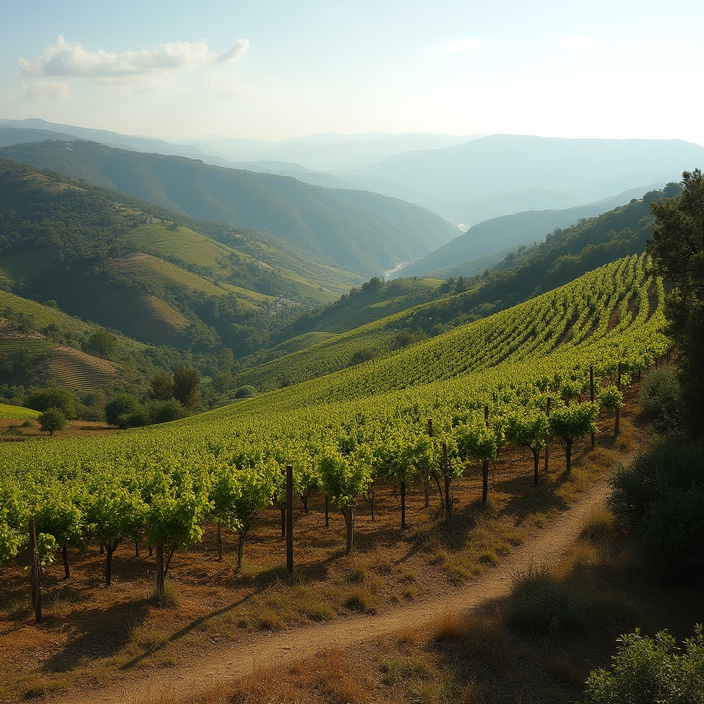 Panoramă cu dealuri acoperite de vii în podgoria Dealu Mare